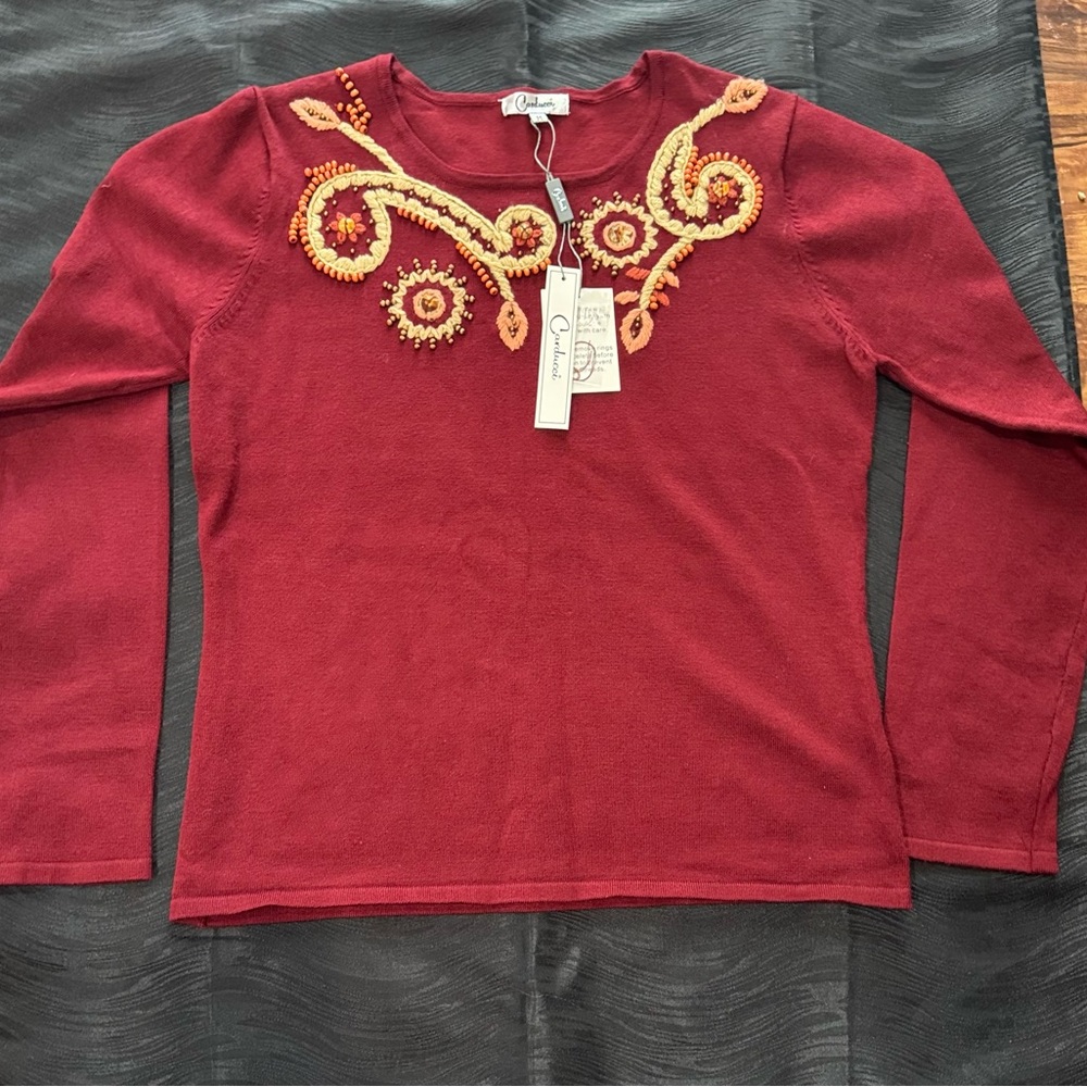 Carducci NWT Womens Burgundy Embroidered Pullover Sweater Sz M